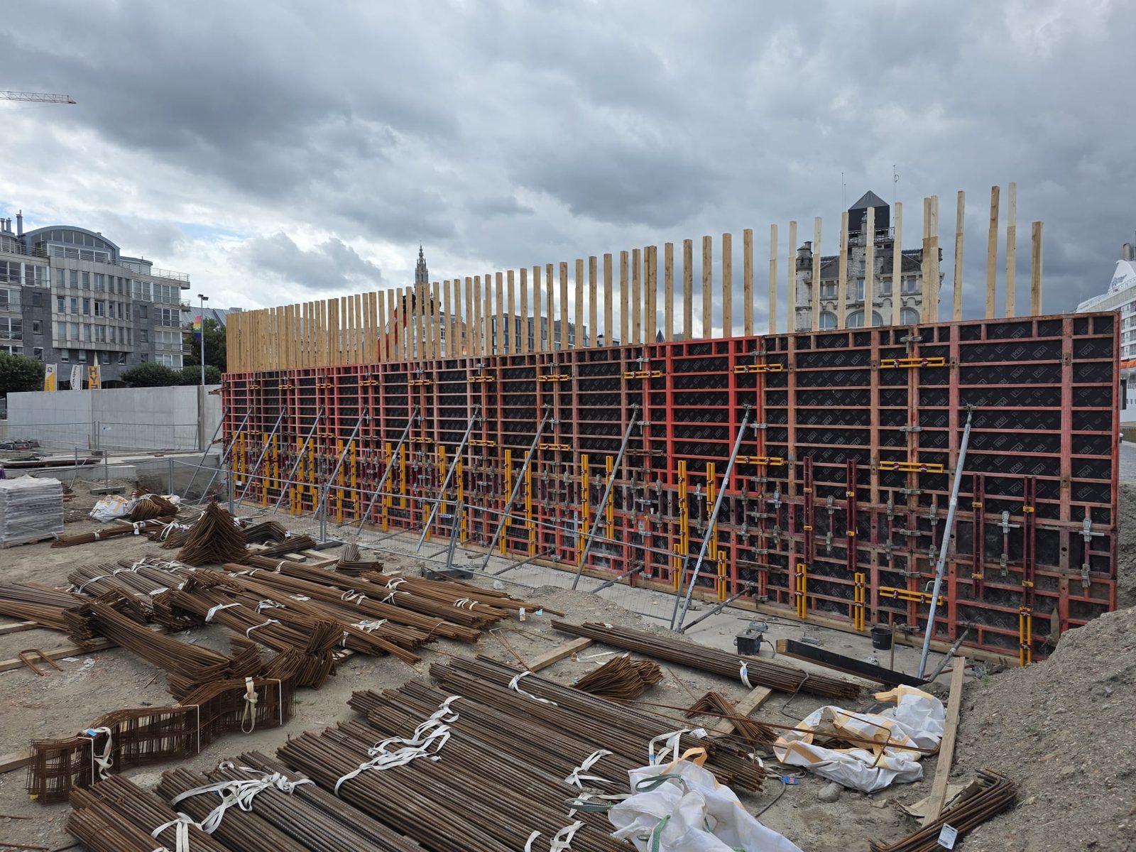 Wall formwork with reinforcement steel prepared on site